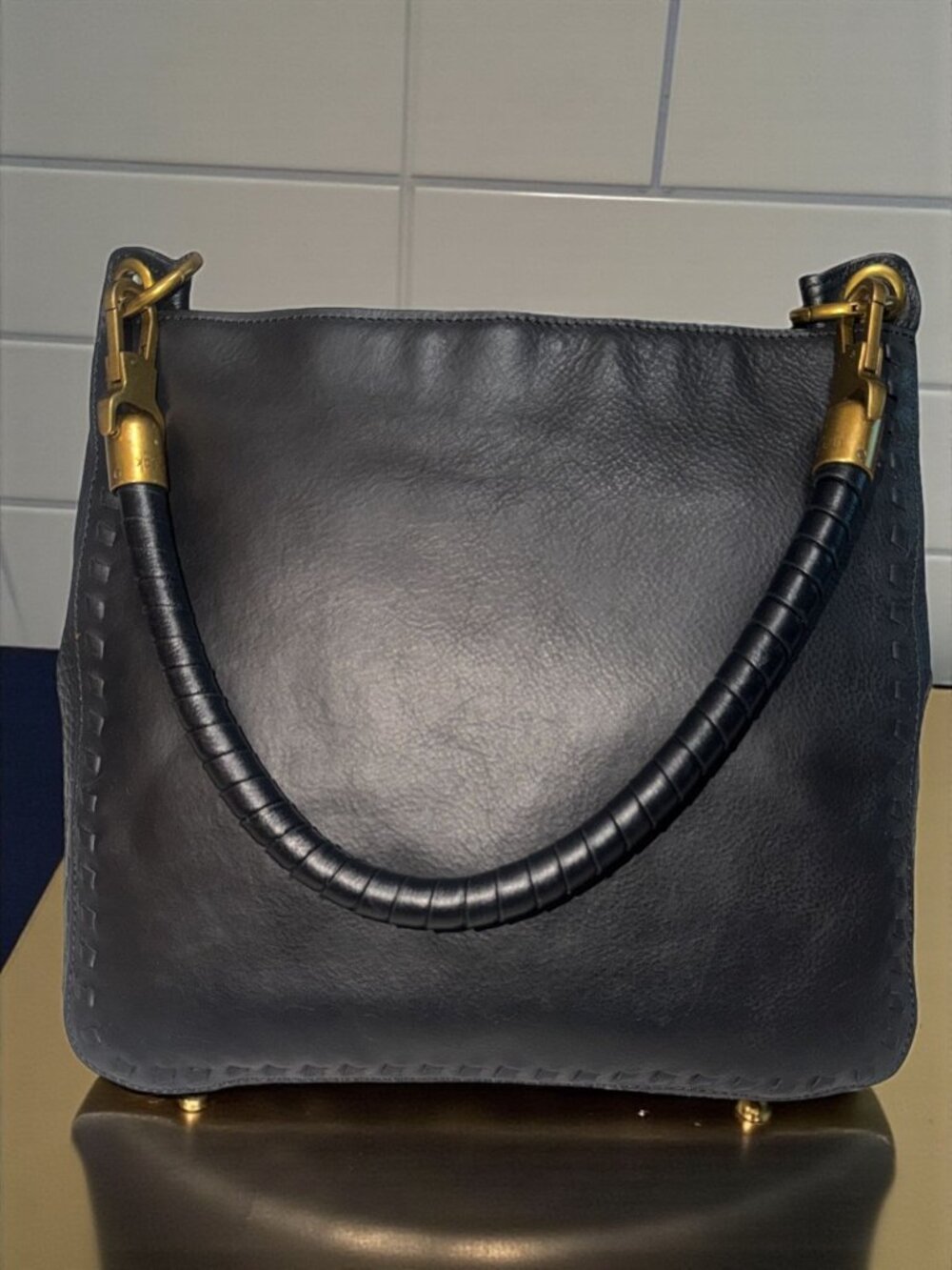 The Sak Collective Estrada Demi Bag Black Leather Brass Whipstitch Shoulder Hobo - Picture 3 of 10